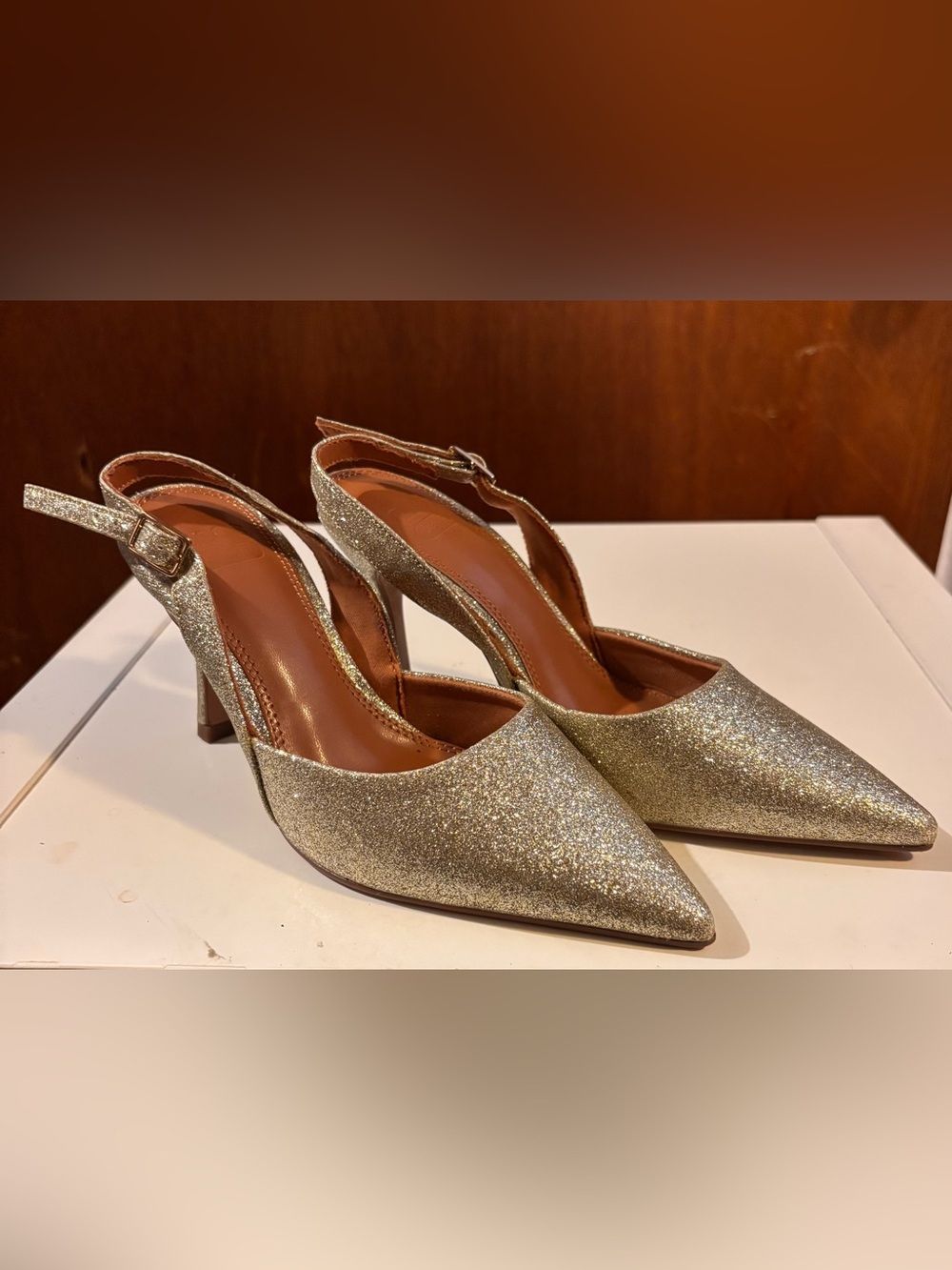 ASOS DESIGN Gold Glitter Slingback Pointed Toe Heels Women’s Size 6.5